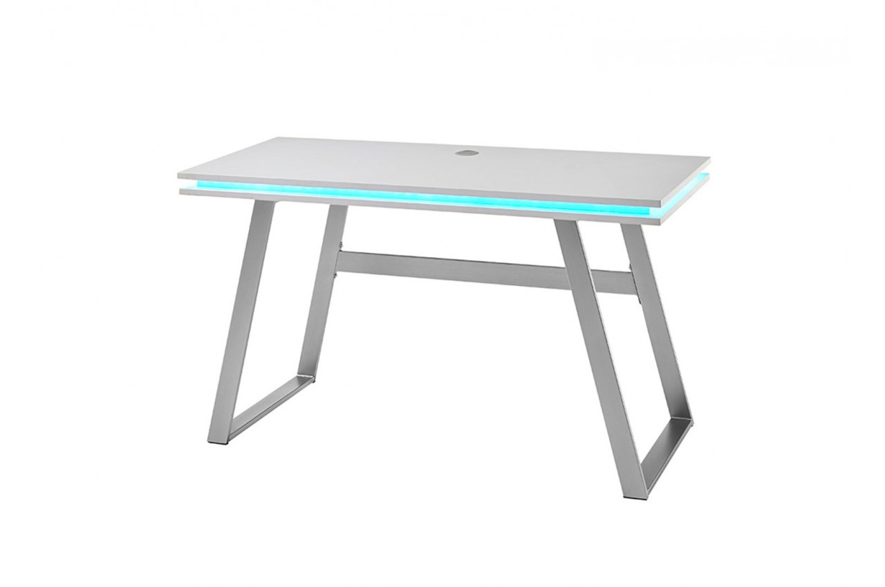 Bureau gamer blanc laqué 140 cm avec kit LED et prise USB