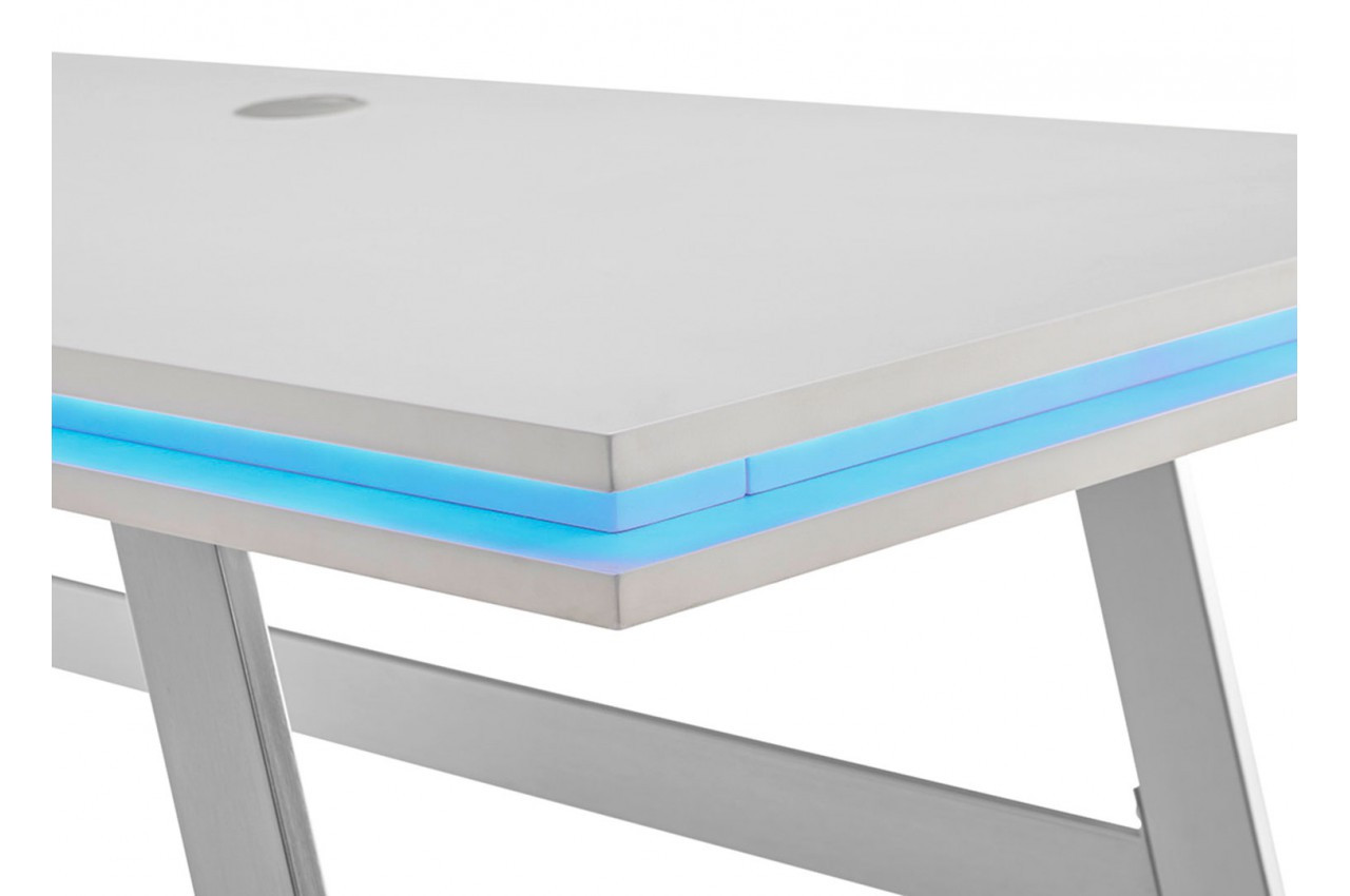 Bureau gamer blanc laqué 140 cm avec kit LED et prise USB