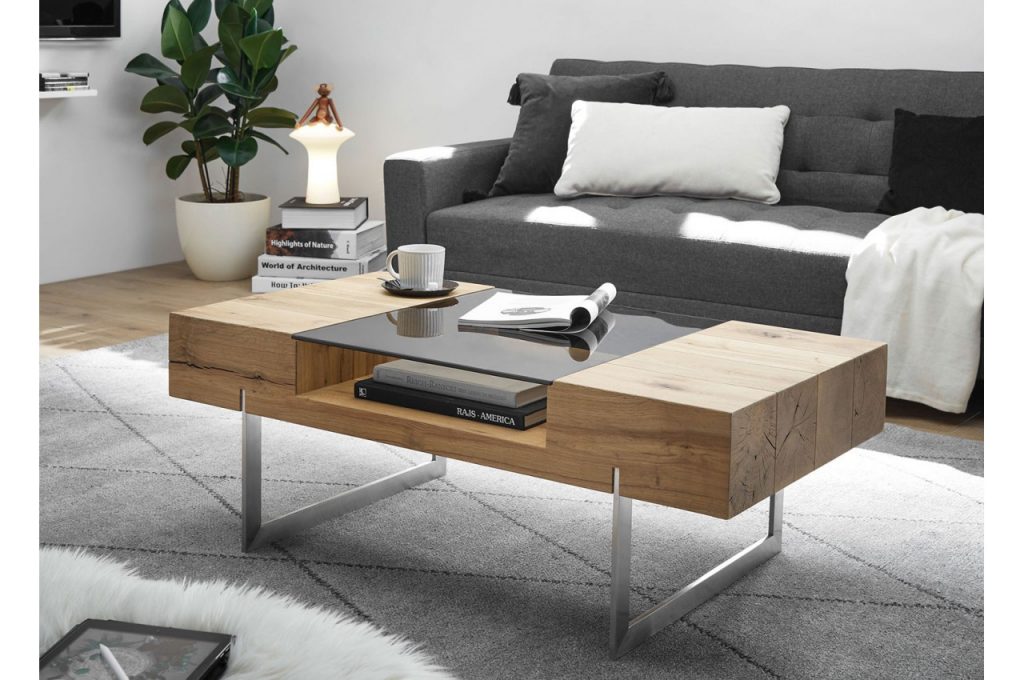 Table basse plaqué chêne avec tablette en verre