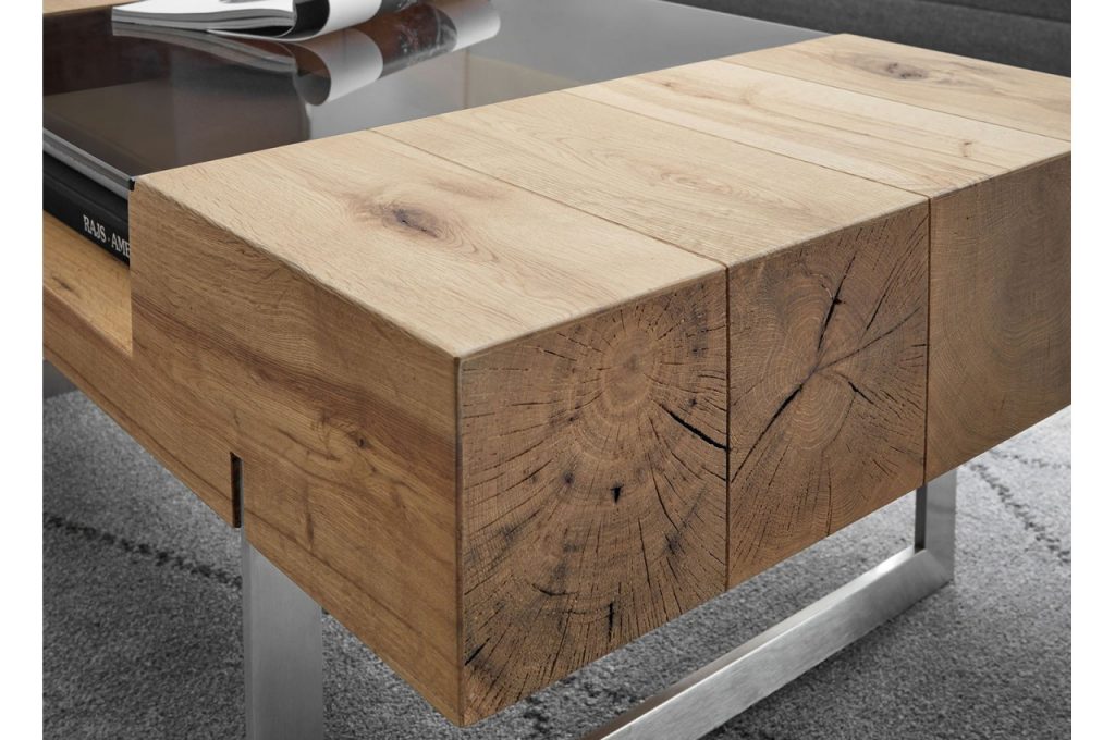 Table basse plaqué chêne avec tablette en verre