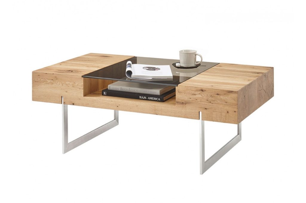 Table basse plaqué chêne avec tablette en verre