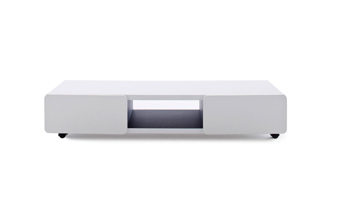 Meuble de télé laqué blanc sur roulettes