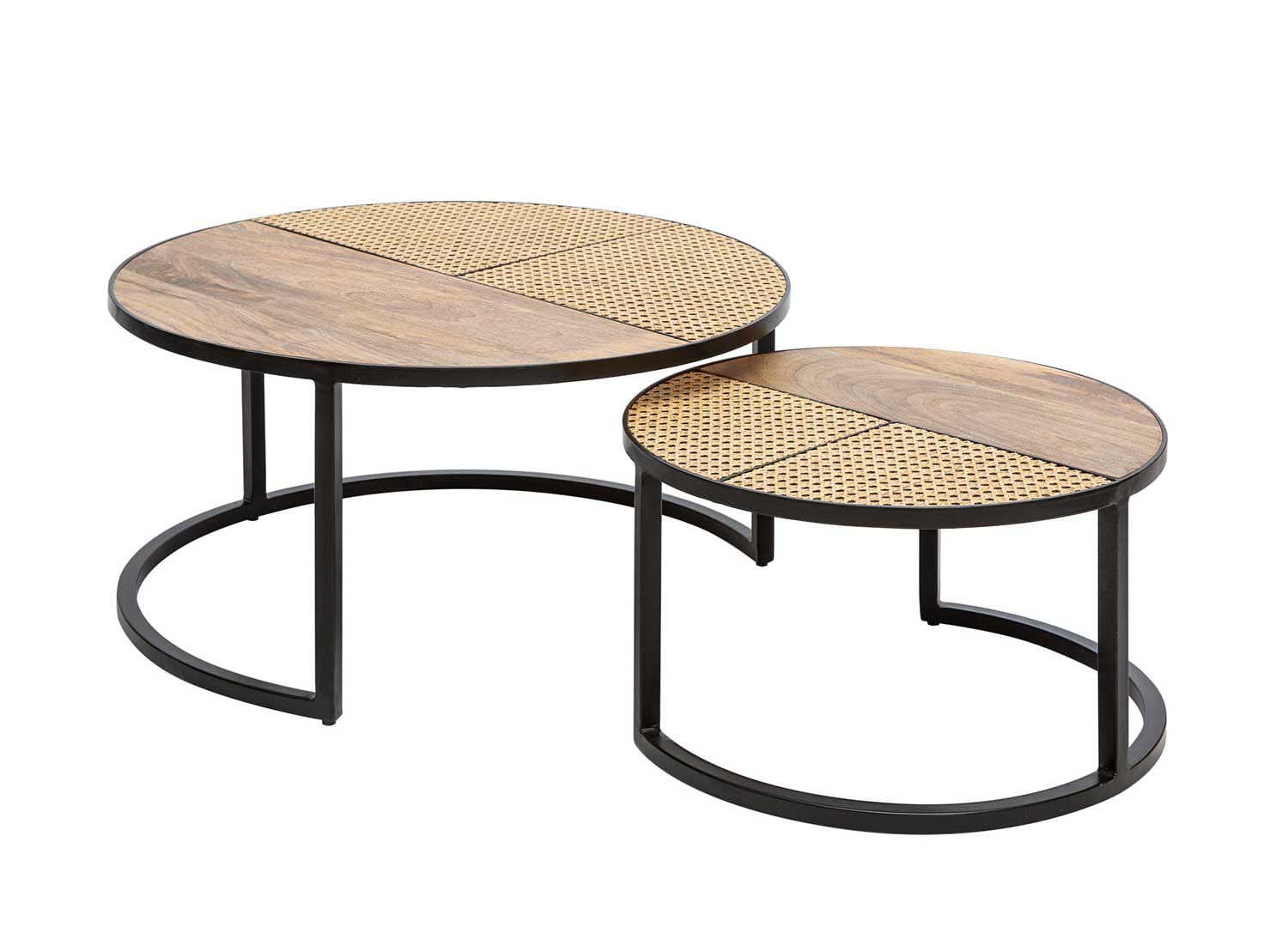 table basse ronde en bois de manguier et osier