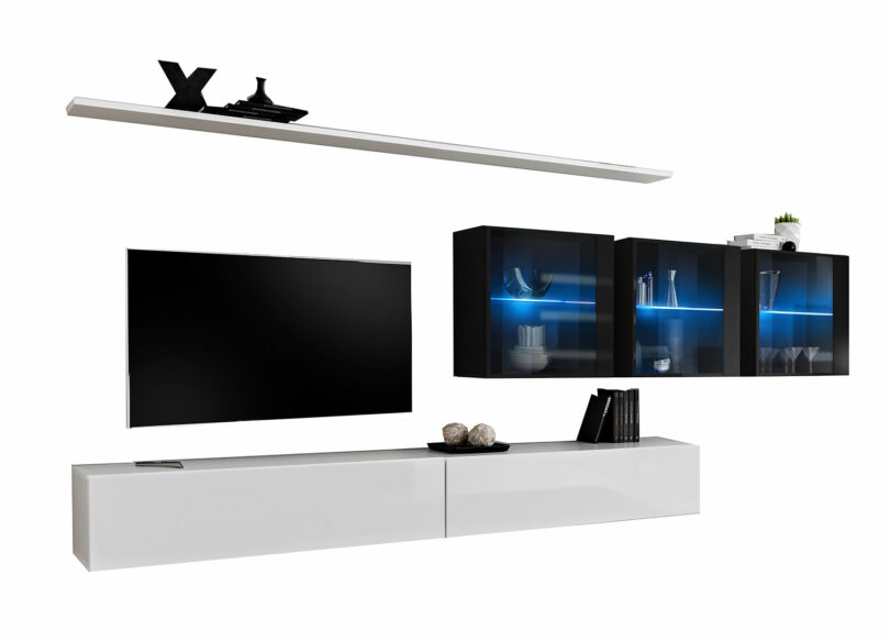 Meuble télé suspendu noir et blanc laqué à led