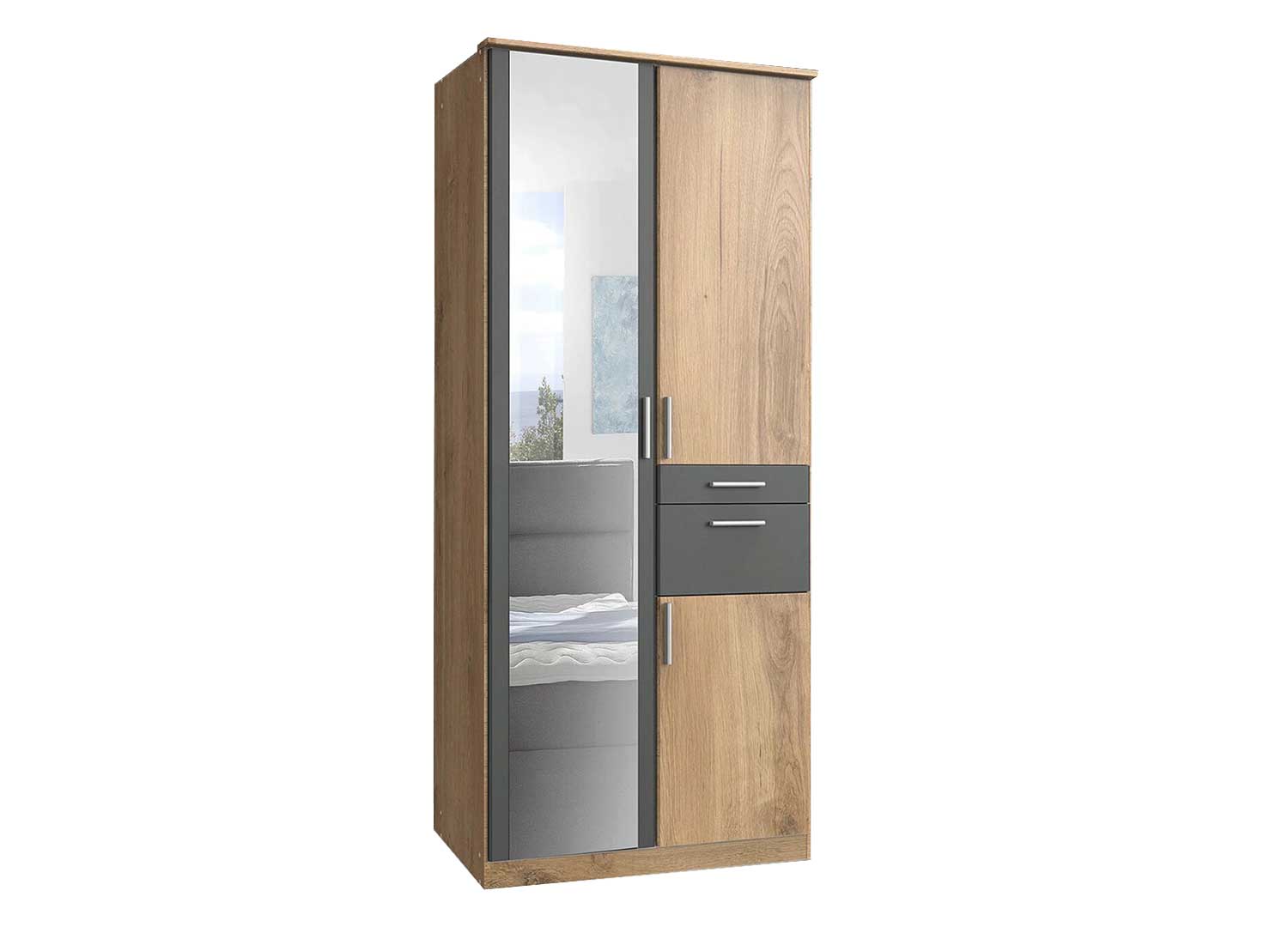 Armoire 3 portes avec 2 tiroirs en bois et gris design