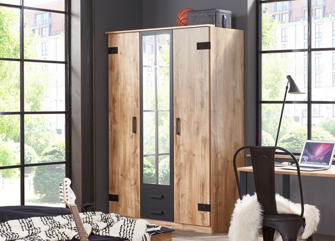 armoireportesavecmiroirdécorchêneetgrisgraphite
