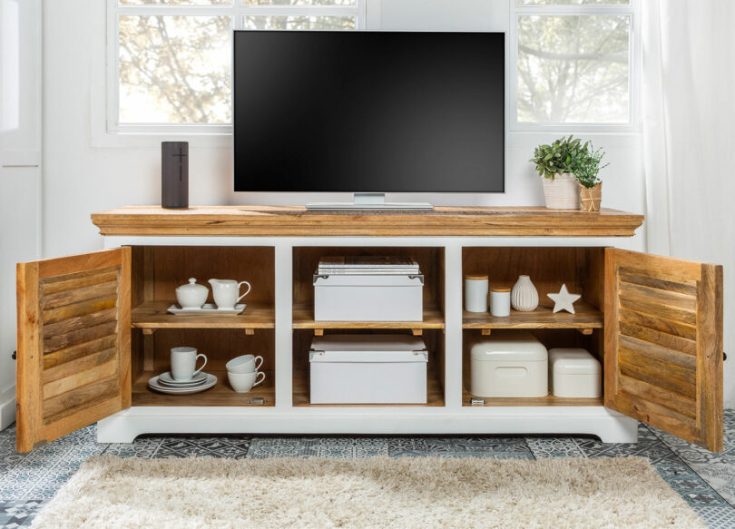meuble TV shabby chic bois de manguier et blanc