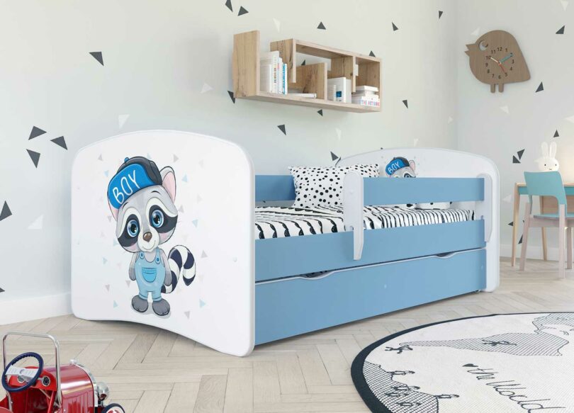 lit enfant bleu raton laveur avec rangement de lit