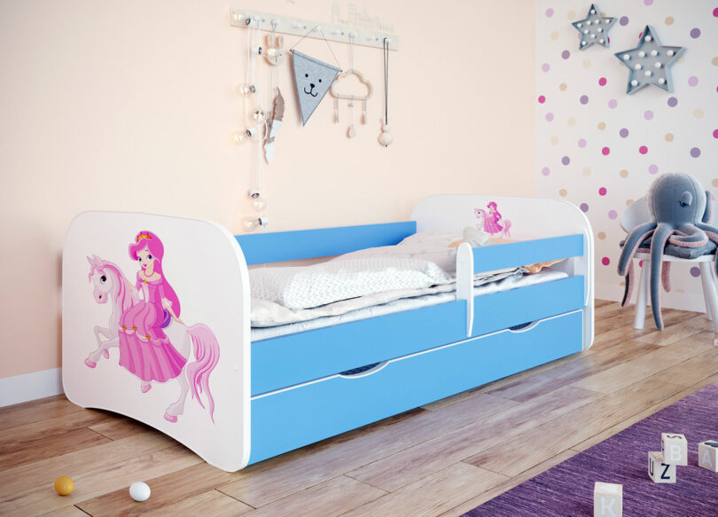 lit princesse fille bleu et blanc matelas, tiroir de lit