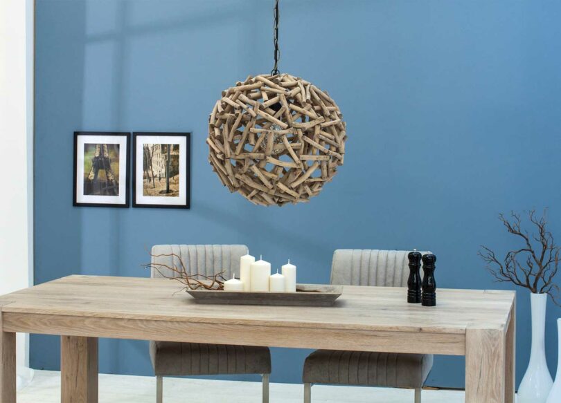 lustre en bois flotté boule ronde