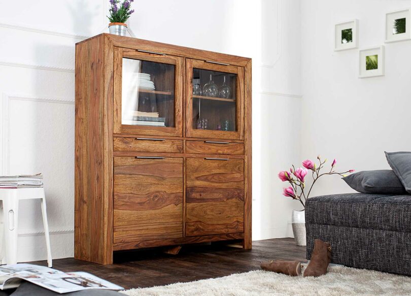 meuble buffet haut vitré moderne en bois massif