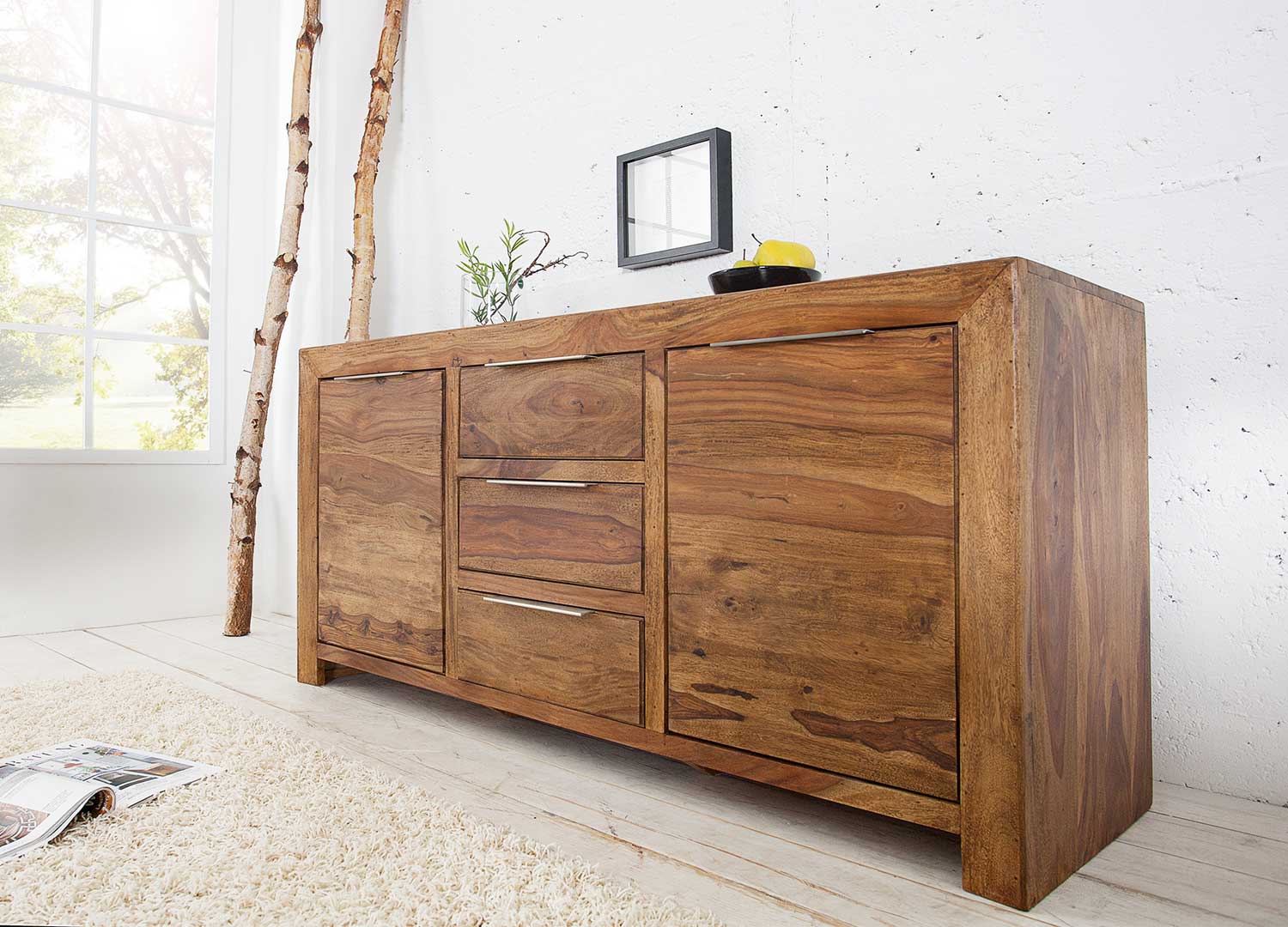 Meuble buffet cossu 135 cm en bois massif de sesham verni