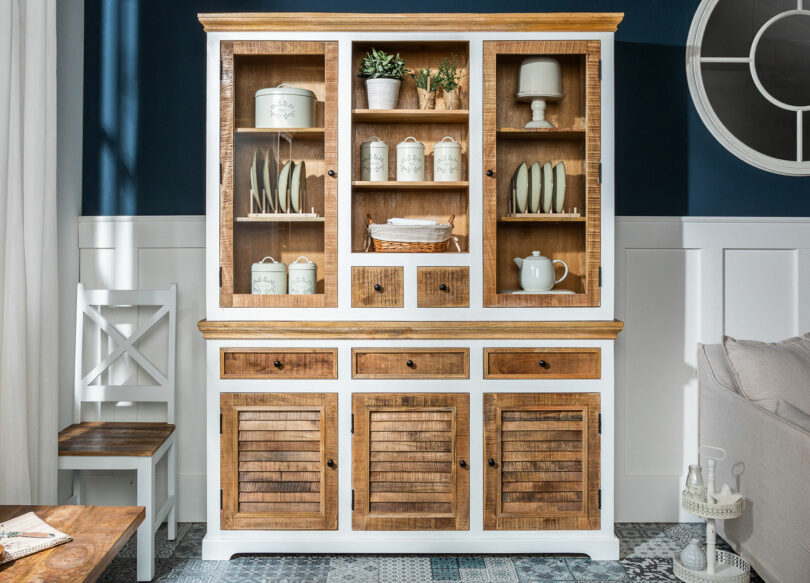 buffet avec vaisselier en bois de manguier et blanc