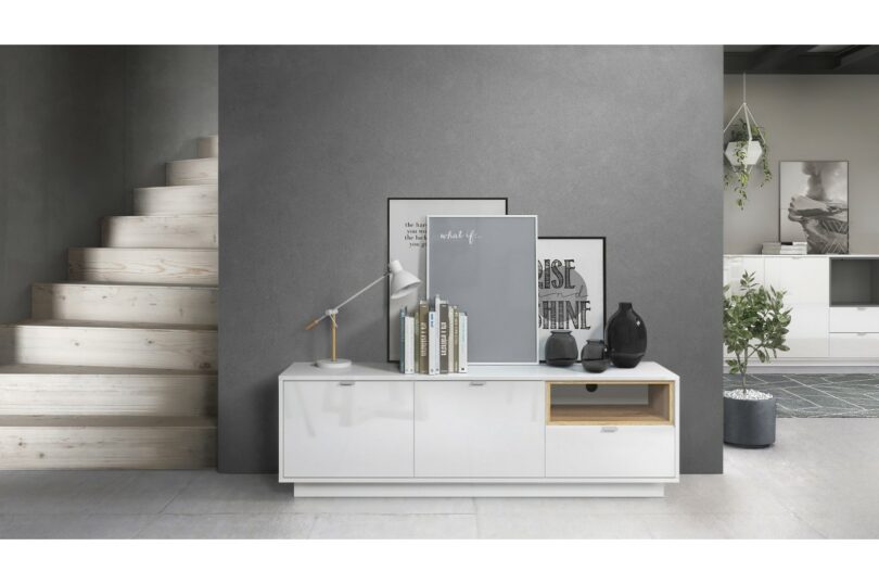 meuble tv blanc brillant bois naturel
