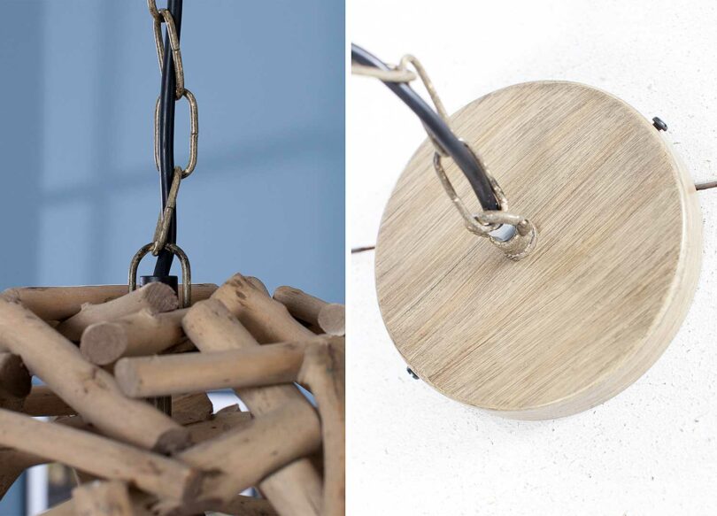 qualité et détail du luminaire en bois flotté