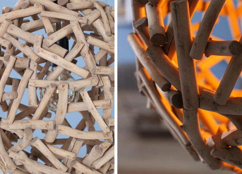 qualité et détail du luminaire en bois flotté