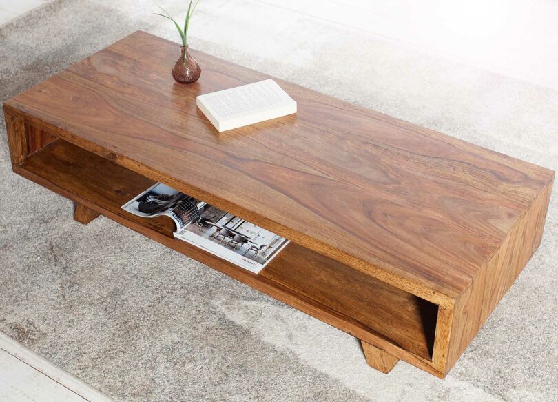 table basse rectangulaire moderne en bois massif de sesham verni