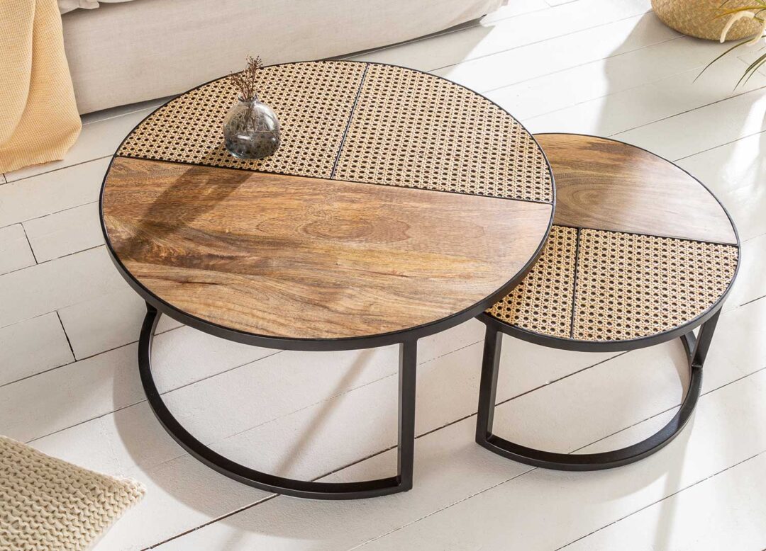 table basse ronde en bois de manguier et osier