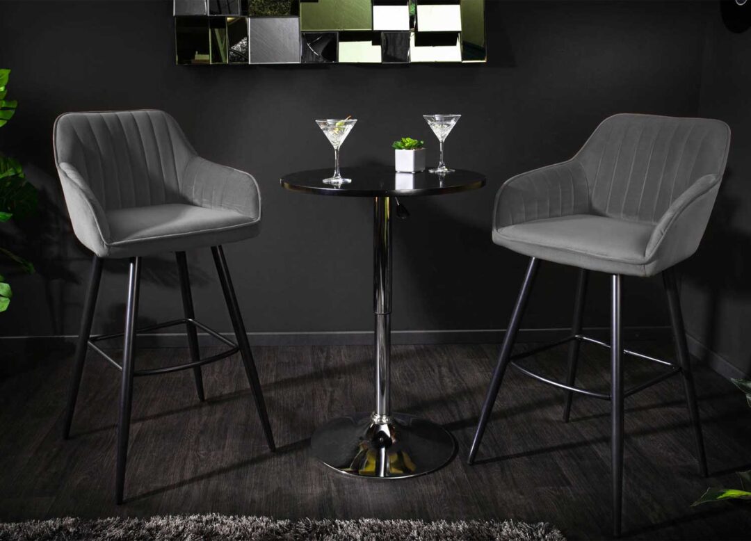 tabouret de bar haut en velours gris avec accoudoirs style rétro