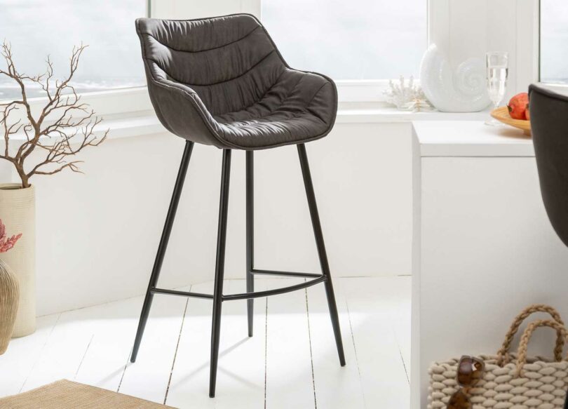 tabouret de bar haut tissu gris vintage