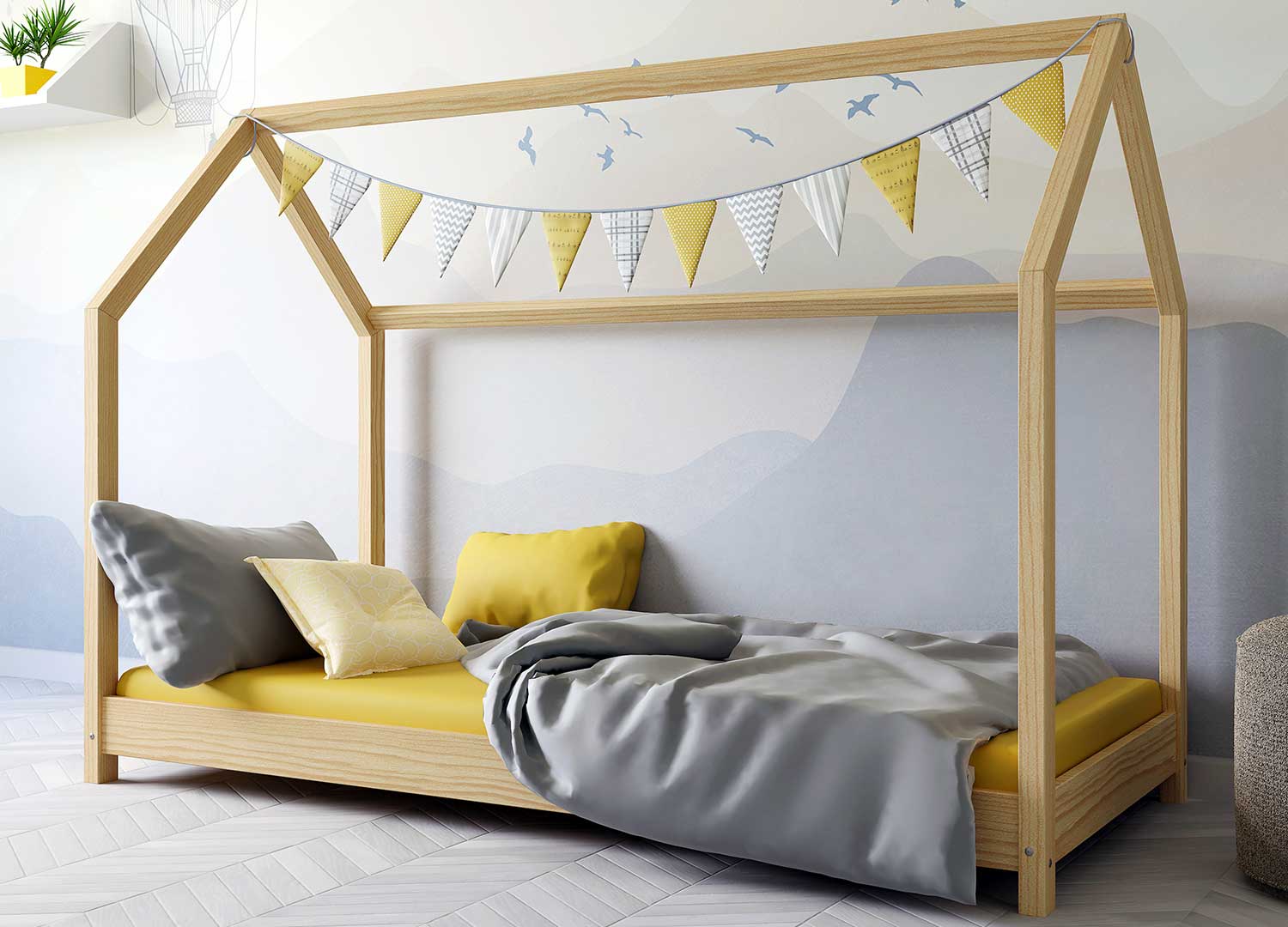 Lit 1 place pour enfant bois massif blanc en forme de cabane