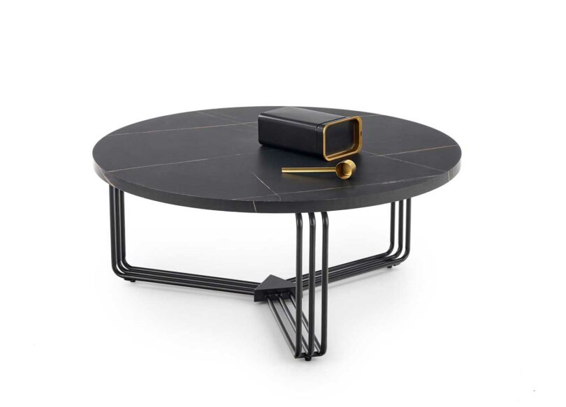 Table basse ronde noire effet marbre
