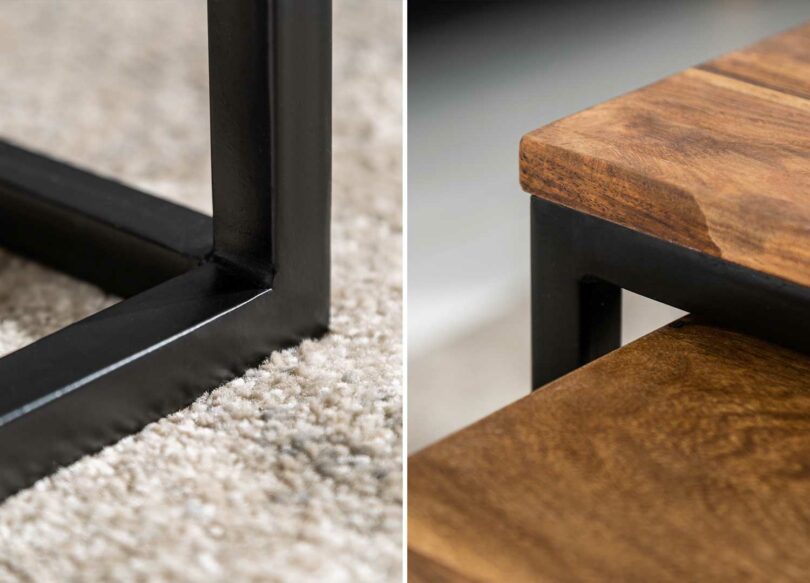 Zoom sur le bois et le métal noir des tables de salon carrées