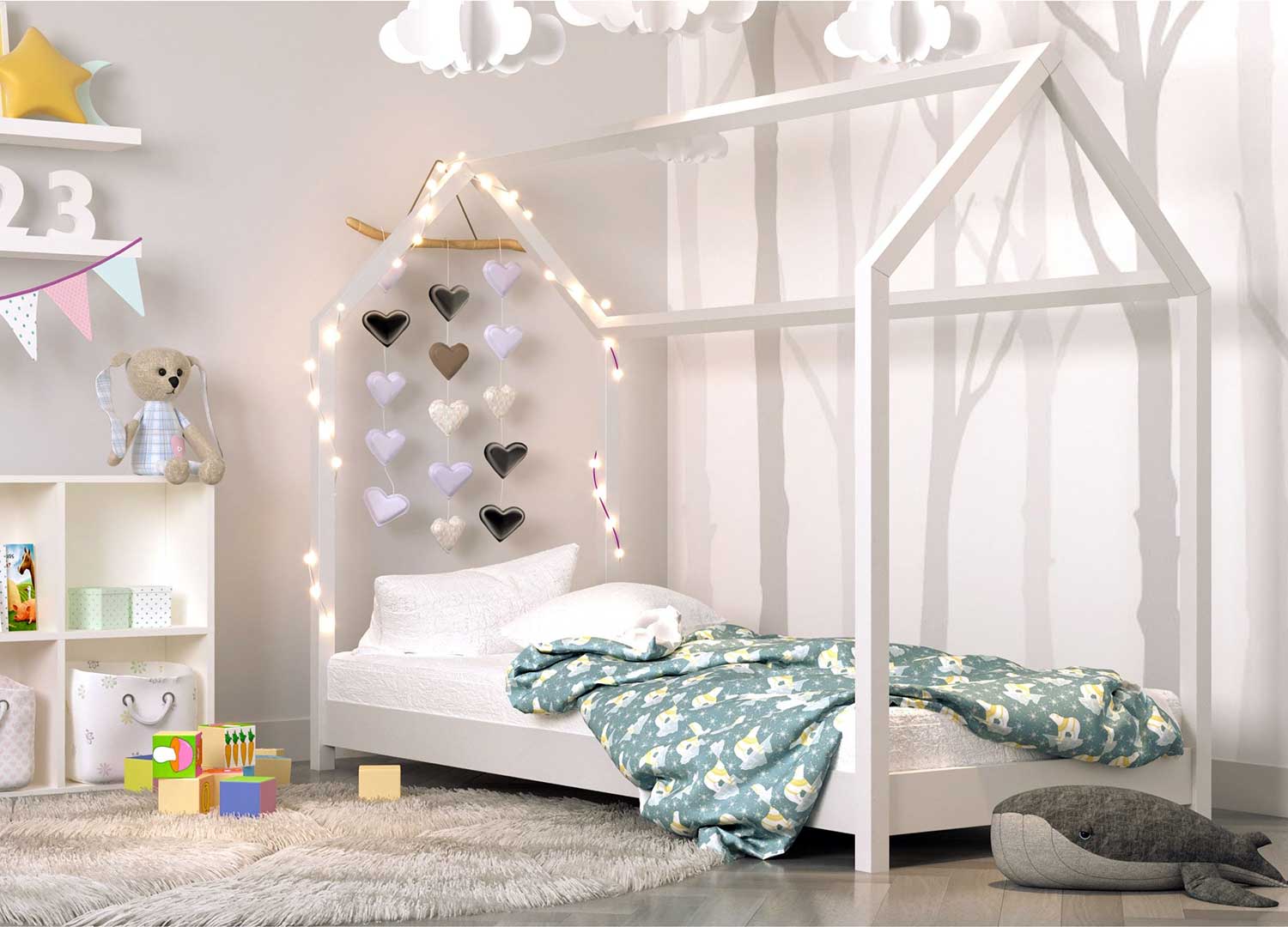 Lit cabane d'enfant 90x200 cm lit double en forme de maison