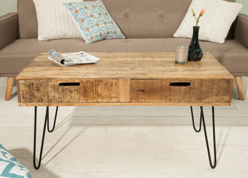 table basse rectangulaire bois de manguier et métal style industrielle