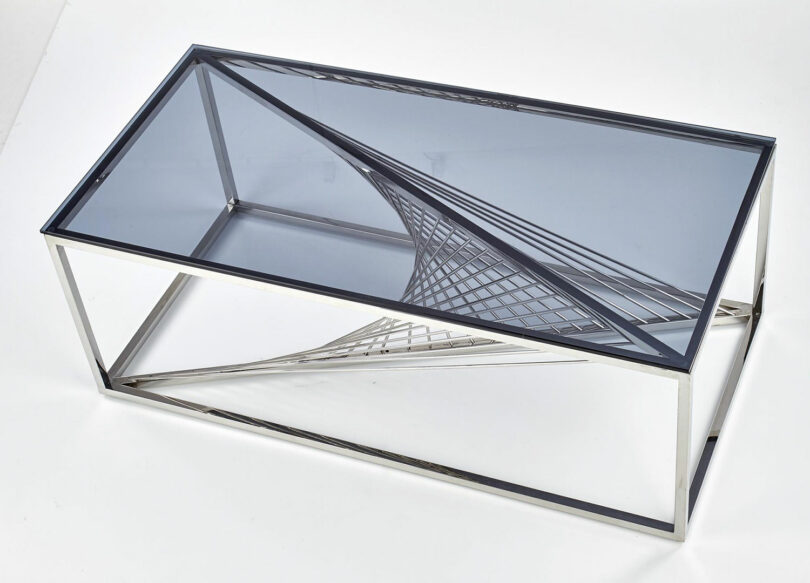 table de salon design en verre bleuté et piétement design chromé