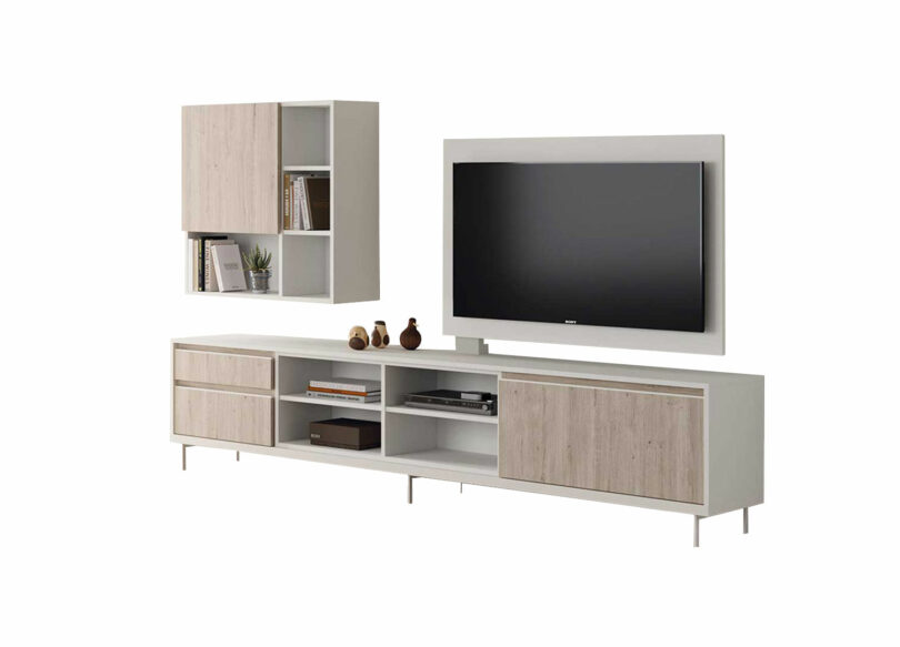 Ensemble TV blanc et bois