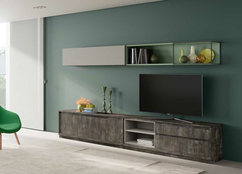 Meuble Tv en bois foncé et vert avec meuble de rangement