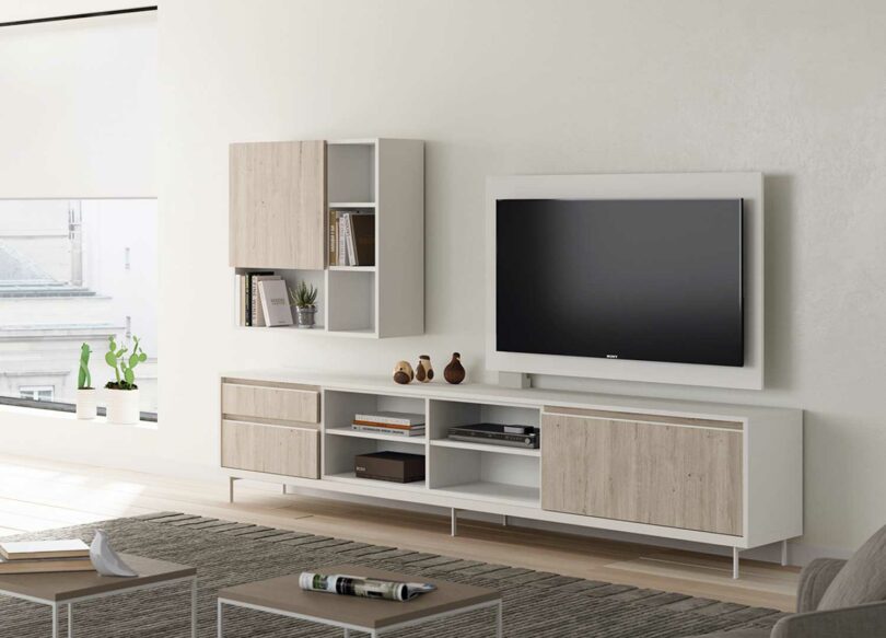 Panneau TV pivotant avec meuble tv et meuble de rangement mural
