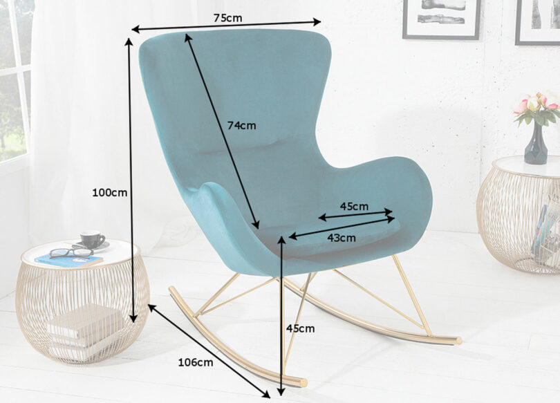 Dimensions de la chaise à bascule en velours bleu