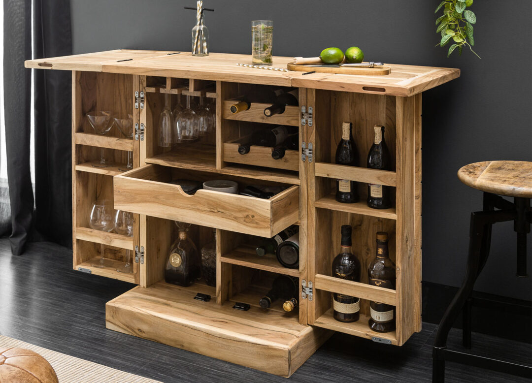meuble de bar en bois massif avec rangement à bouteilles et verres