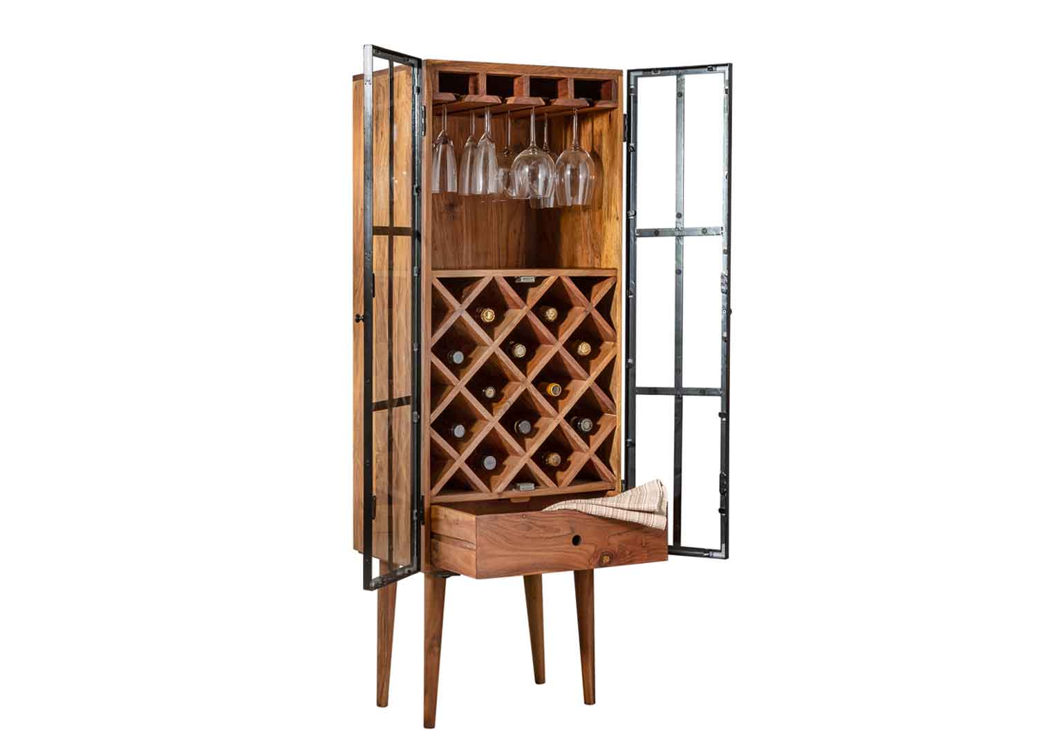 Meuble de bar pour bouteilles et verres à vin en bois d'Acacia