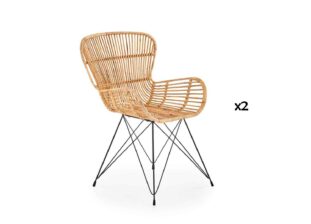 lot de 2 chaises en rotin naturel et piétement noir