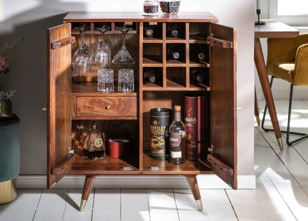 meuble de bar avec rangement à bouteille en acacia style rétro