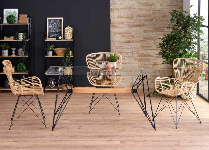 table à manger 160 cm en verre style industriel