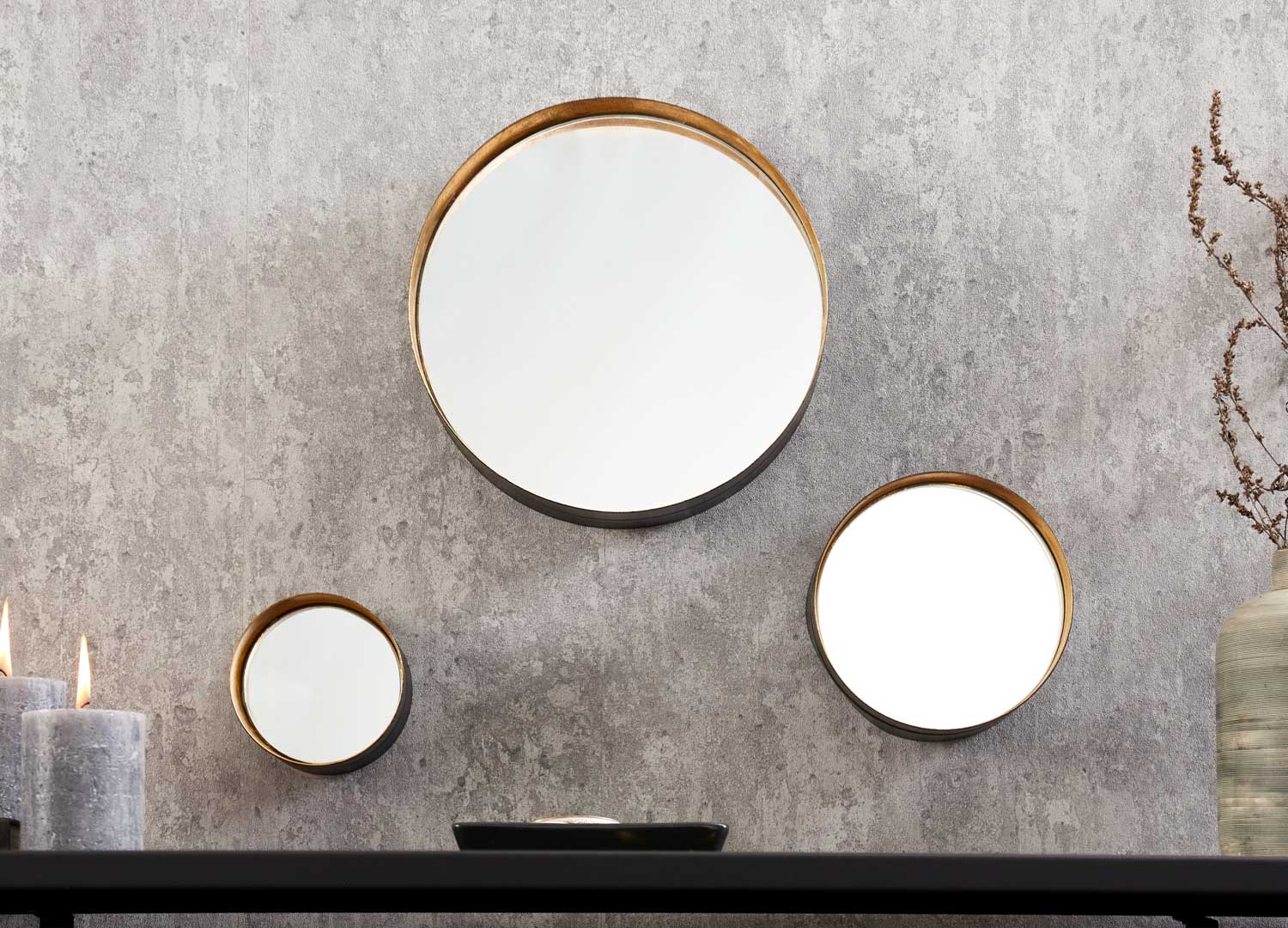 Lot de 3 miroirs muraux ronds en métal noir et doré