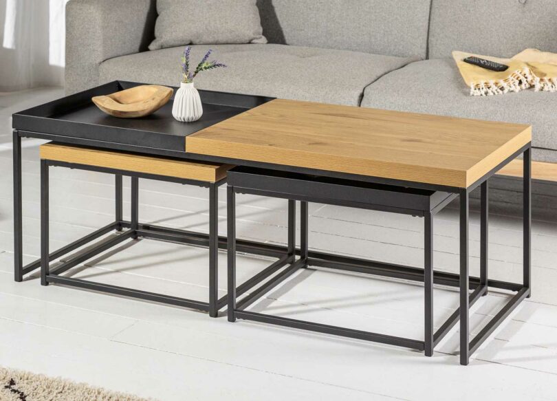 tables de salon aspect chêne et métal noir