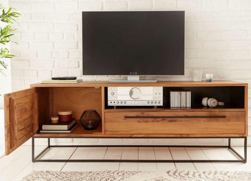 banc tv en bois massif style industriel