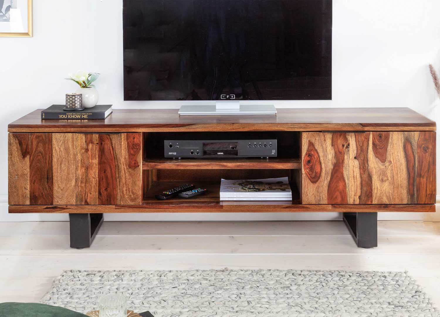 meuble tv 160 cm en bois de sesham laqué