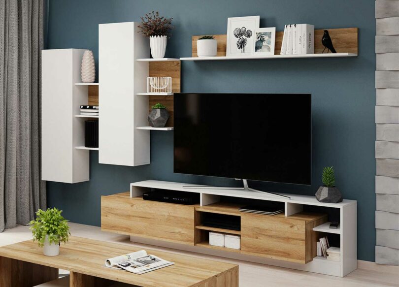 Ensemble meuble tv mural blanc et bois