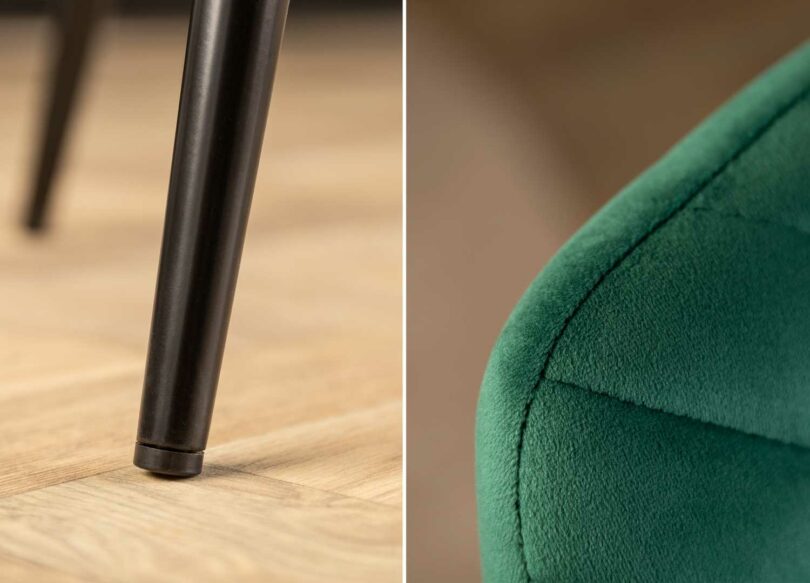 Détails de la chaise en velours vert