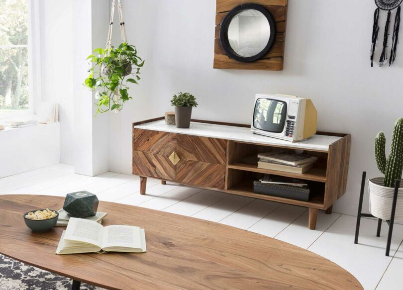 meuble tv 140 cm en bois massif et marbre