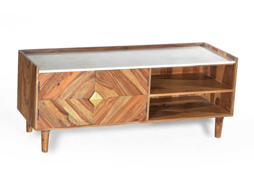 meuble tv 140 cm en bois d'acacia et plateau en marbre