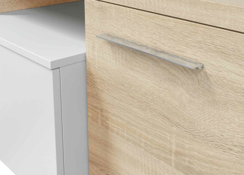 zoom sur le décor en bois et blanc du meuble tv
