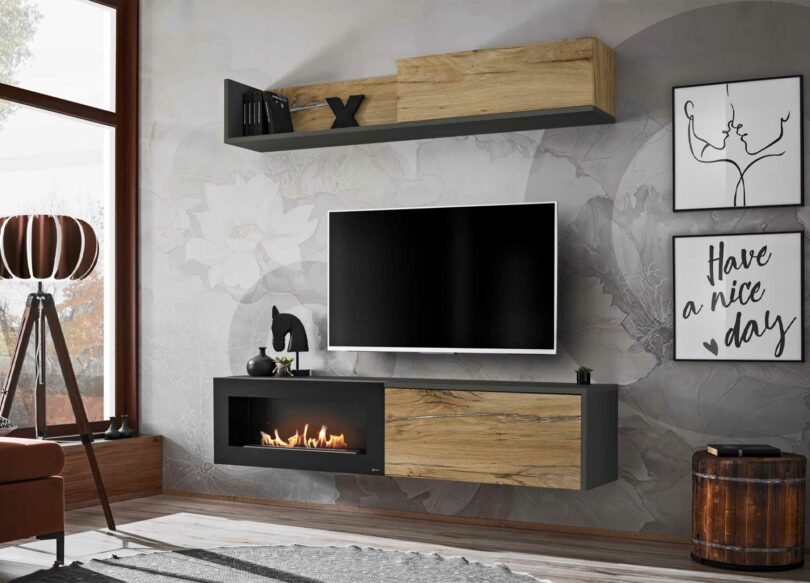 Ensemble tv anthracite et bois avec cheminée intégrée