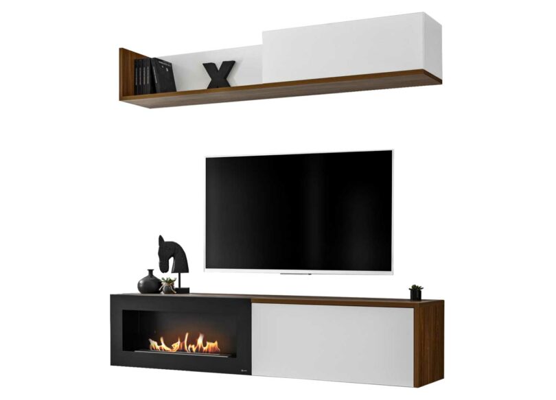 Meuble tv mural avec cheminée et étagère